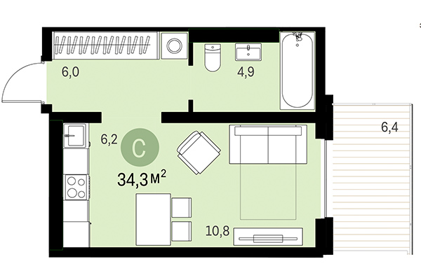 Студия 34,30 м² в Европейский берег. Планировка