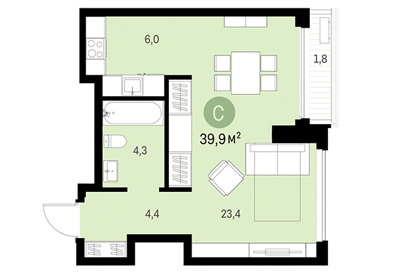 1-комнатная квартира 39,90 м² в Европейский берег. Планировка