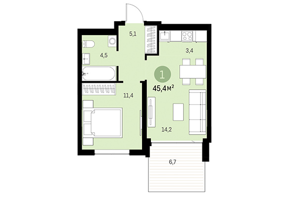 1-комнатная квартира 45,40 м² в Европейский берег. Планировка