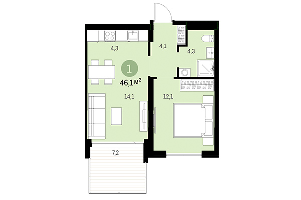 1-комнатная квартира 46,10 м² в Европейский берег. Планировка