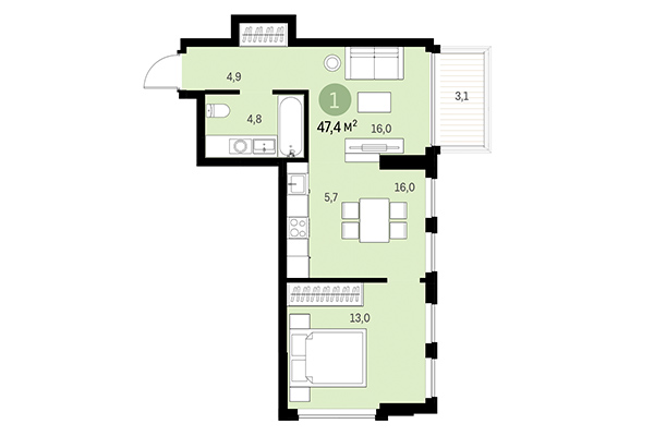 1-комнатная квартира 47,04 м² в Европейский берег. Планировка