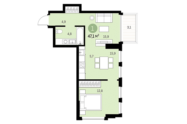 1-комнатная квартира 47,10 м² в Европейский берег. Планировка