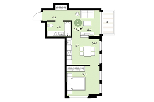 1-комнатная квартира 47,30 м² в Европейский берег. Планировка