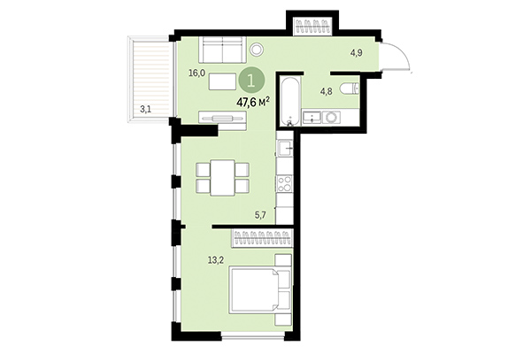 1-комнатная квартира 47,60 м² в Европейский берег. Планировка