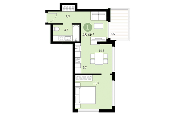 1-комнатная квартира 48,40 м² в Европейский берег. Планировка