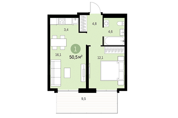 1-комнатная квартира 50,50 м² в Европейский берег. Планировка