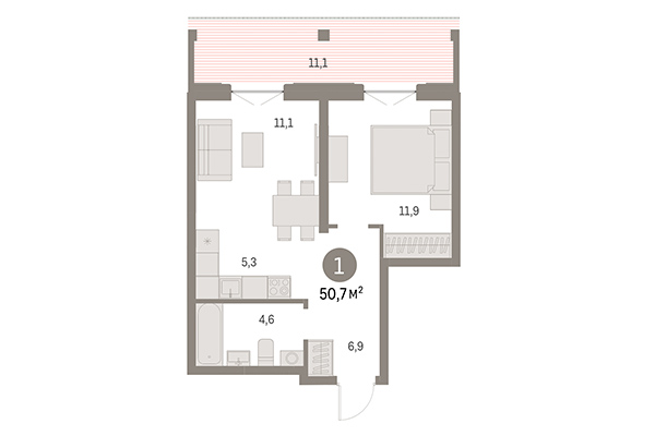 1-комнатная квартира 50,70 м² в Европейский берег. Планировка