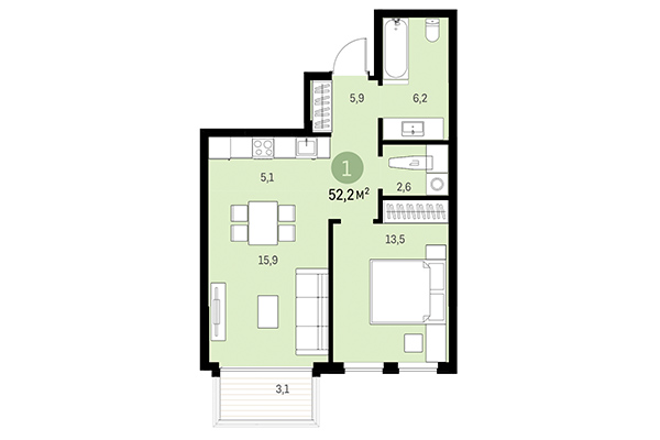 1-комнатная квартира 52,20 м² в Европейский берег. Планировка