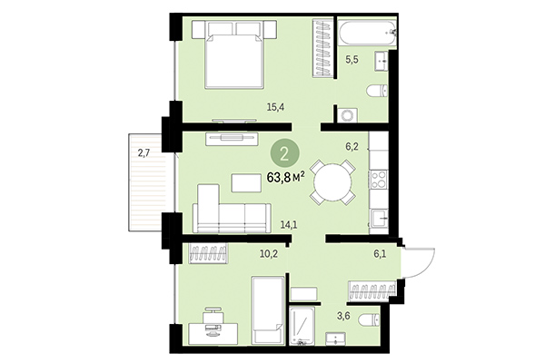 2-комнатная квартира 63,80 м² в Европейский берег. Планировка