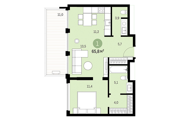 1-комнатная квартира 65,80 м² в Европейский берег. Планировка