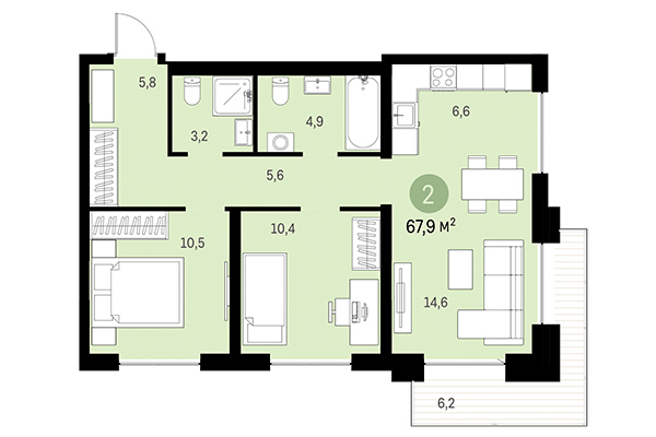 2-комнатная квартира 67,90 м² в Европейский берег. Планировка