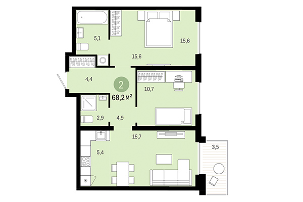 2-комнатная квартира 68,20 м² в Европейский берег. Планировка