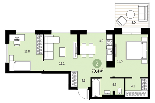 2-комнатная квартира 70,40 м² в Европейский берег. Планировка