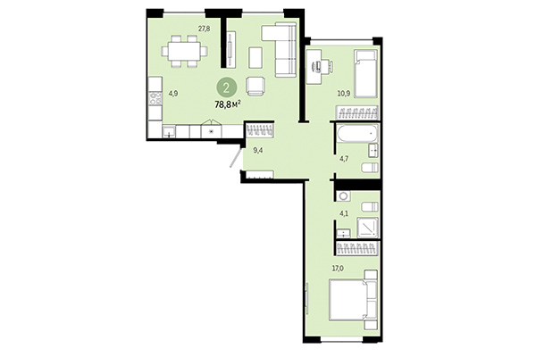 2-комнатная квартира 78,08 м² в Европейский берег. Планировка