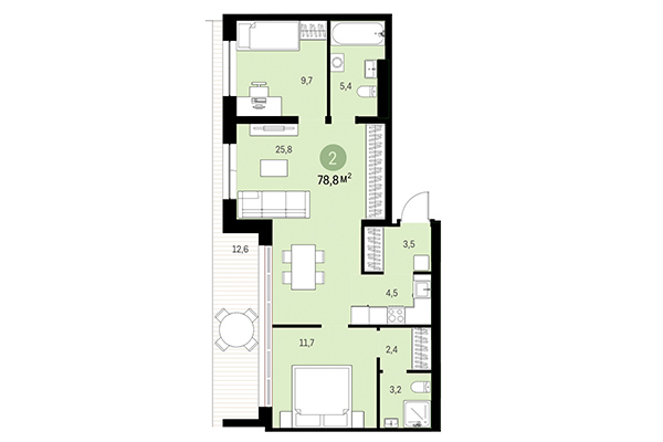 2-комнатная квартира 78,80 м² в Европейский берег. Планировка