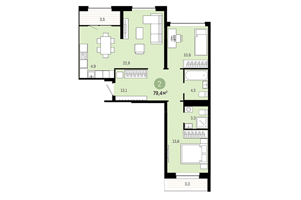 2-комнатная квартира 79,40 м² в Европейский берег. Планировка