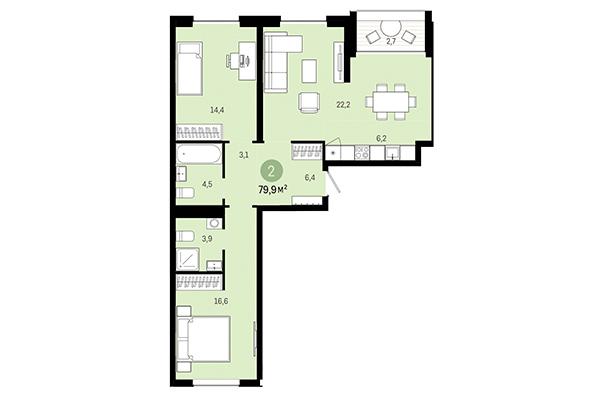 2-комнатная квартира 79,90 м² в Европейский берег. Планировка