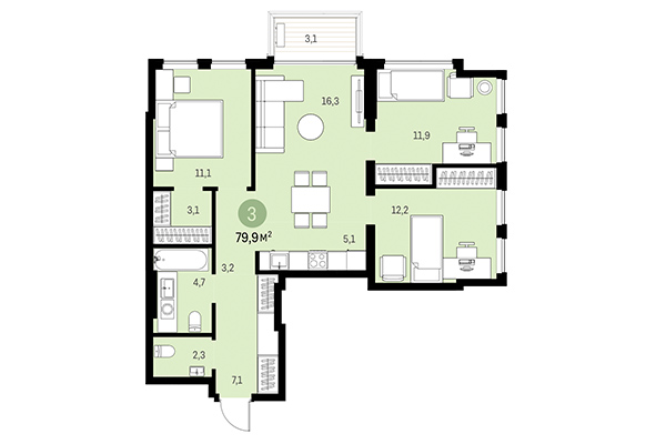 3-комнатная квартира 79,91 м² в Европейский берег. Планировка