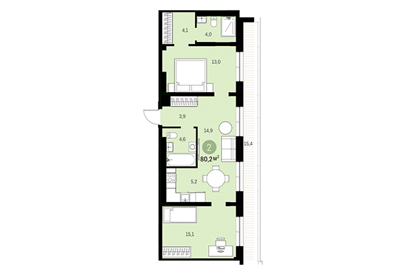 2-комнатная квартира 80,20 м² в Европейский берег. Планировка