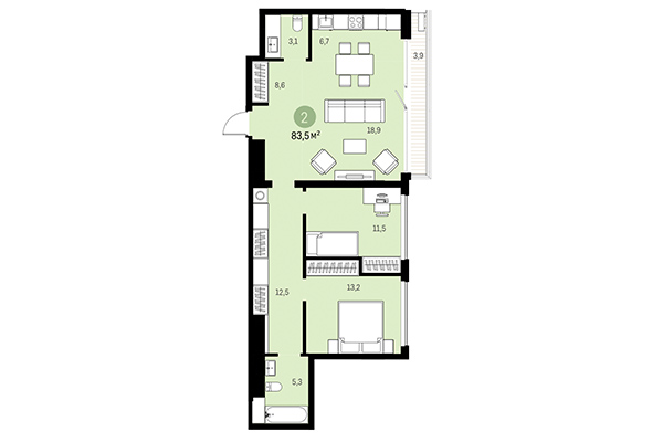 2-комнатная квартира 83,05 м² в Европейский берег. Планировка