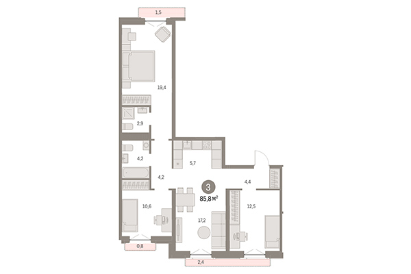 3-комнатная квартира 85,80 м² в Европейский берег. Планировка