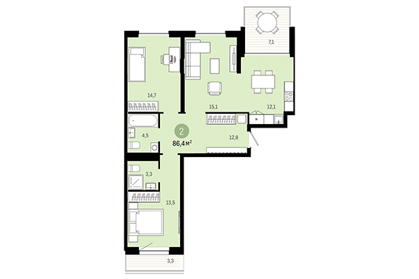 2-комнатная квартира 86,40 м² в Европейский берег. Планировка