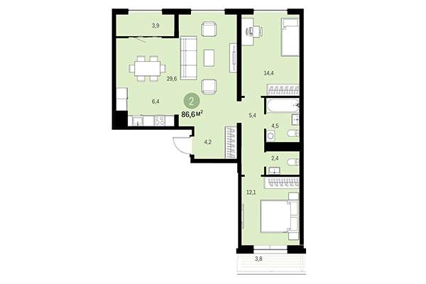 2-комнатная квартира 86,60 м² в Европейский берег. Планировка