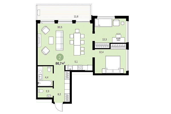 2-комнатная квартира 86,70 м² в Европейский берег. Планировка