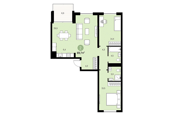 2-комнатная квартира 89,70 м² в Европейский берег. Планировка