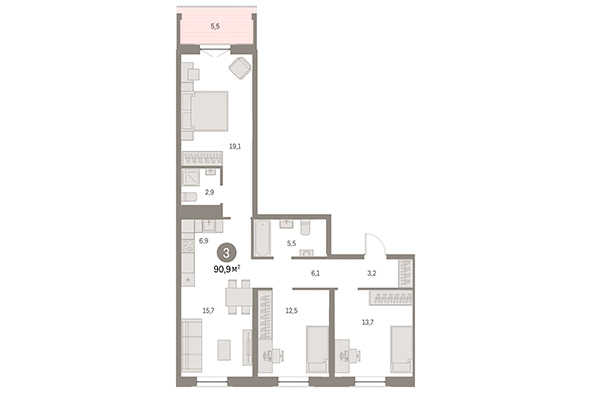 3-комнатная квартира 90,90 м² в Европейский берег. Планировка