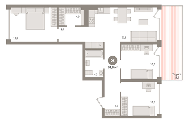 3-комнатная квартира 91,80 м² в Европейский берег. Планировка