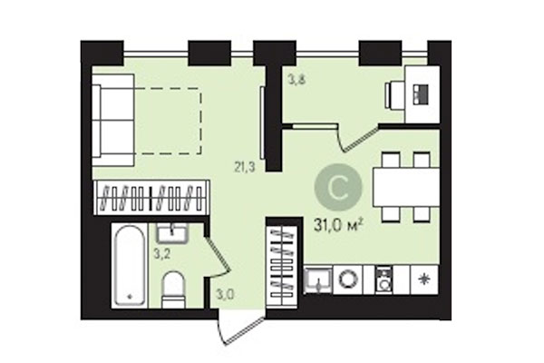 Студия 31,00 м² в Квартал Лебедевский. Планировка