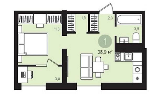 1-комнатная квартира 38,90 м² в Квартал Лебедевский. Планировка