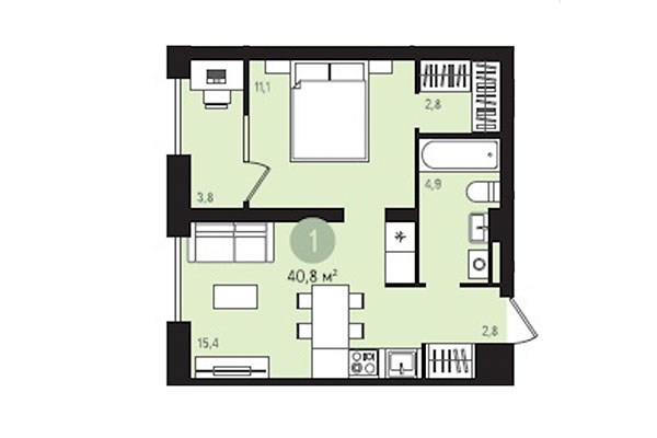 1-комнатная квартира 40,80 м² в Квартал Лебедевский. Планировка