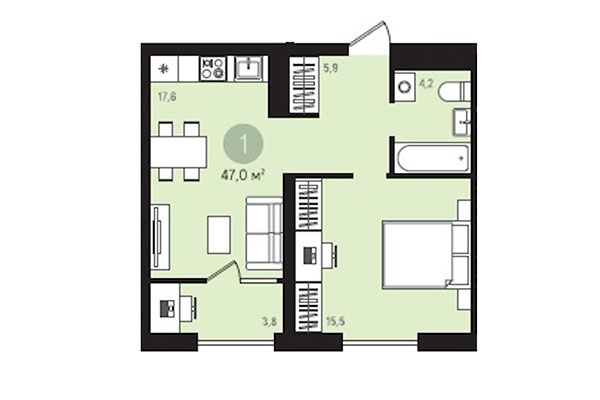 1-комнатная квартира 47,00 м² в Квартал Лебедевский. Планировка