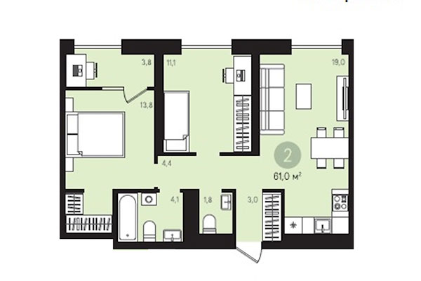 2-комнатная квартира 61,00 м² в Квартал Лебедевский. Планировка