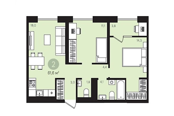 2-комнатная квартира 61,60 м² в Квартал Лебедевский. Планировка