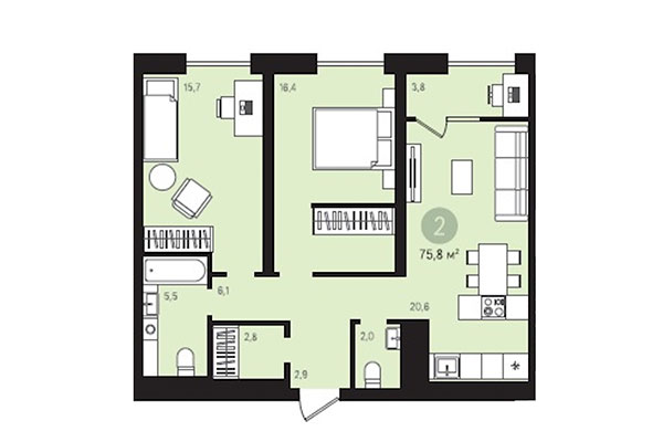 2-комнатная квартира 75,80 м² в Квартал Лебедевский. Планировка