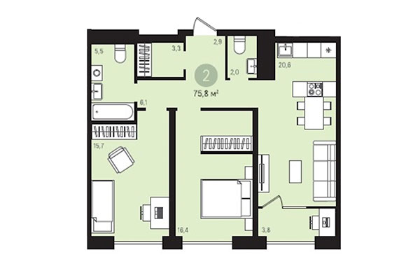 2-комнатная квартира 75,81 м² в Квартал Лебедевский. Планировка