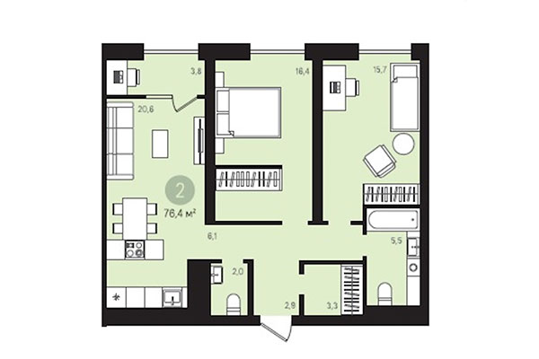 2-комнатная квартира 76,40 м² в Квартал Лебедевский. Планировка