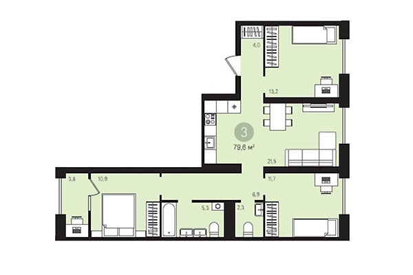 3-комнатная квартира 79,60 м² в Квартал Лебедевский. Планировка