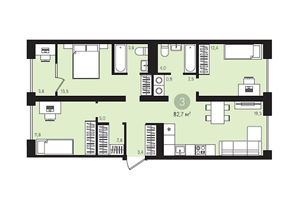 3-комнатная квартира 82,70 м² в Квартал Лебедевский. Планировка