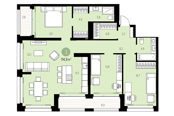 3-комнатная квартира 114,90 м² в Квартал Мылзавод. Планировка