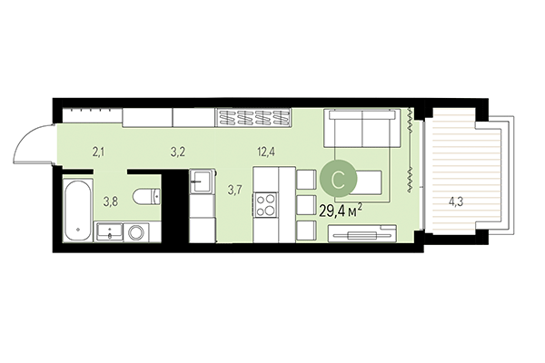 Студия 29,40 м² в Квартал Мылзавод. Планировка