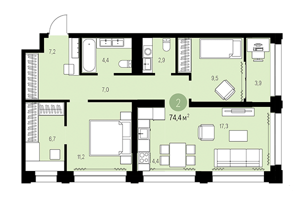 2-комнатная квартира 74,41 м² в Квартал Мылзавод. Планировка