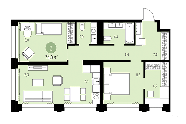 2-комнатная квартира 74,80 м² в Квартал Мылзавод. Планировка