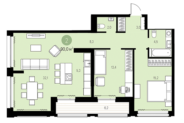 2-комнатная квартира 90,00 м² в Квартал Мылзавод. Планировка