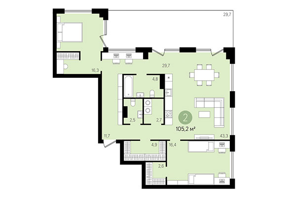 2-комнатная квартира 105,20 м² в Квартал Никитина. Планировка