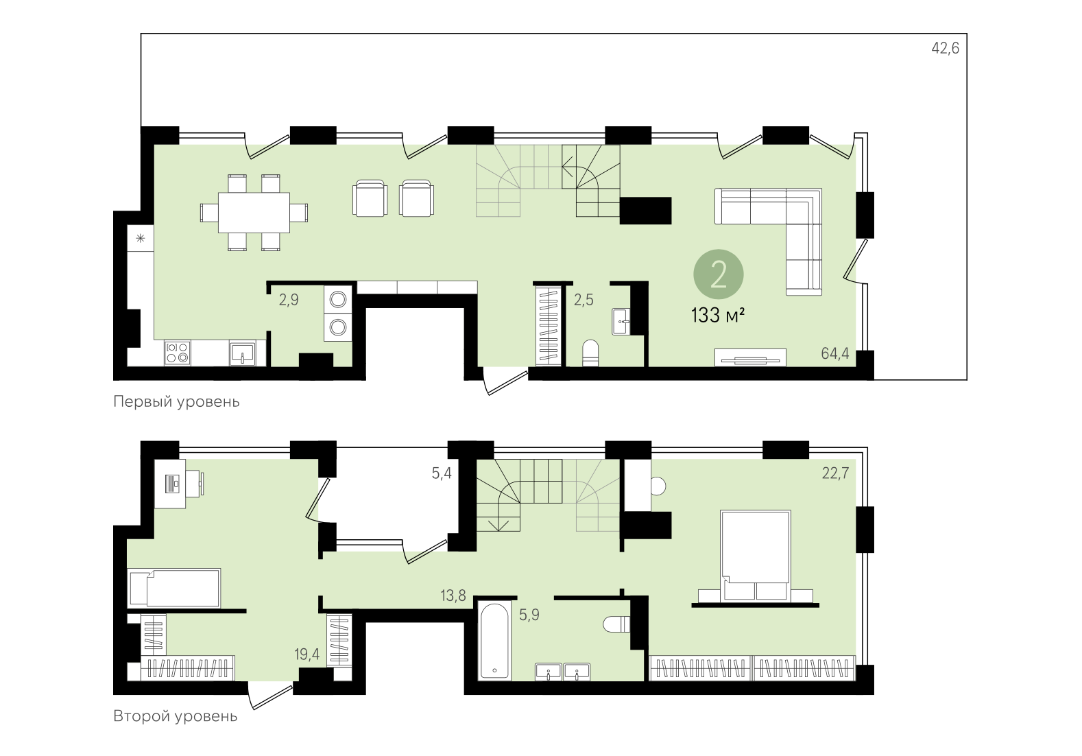 2-комнатная квартира 133,00 м² в Квартал Никитина. Планировка