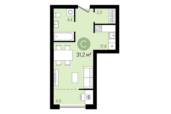 Студия 31,20 м² в Квартал Никитина. Планировка